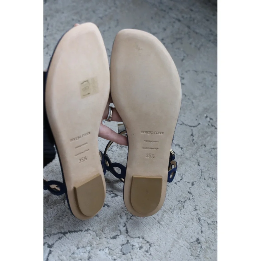 Sergio Rossi Navy‎ Suede Braided Ankle Strap Flat Sandals Size 35.5